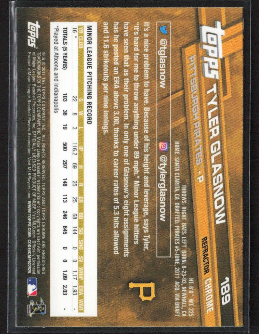 Tyler Glasnow 2017 Topps Chrome Refractor RC #189 Pittsburgh Pirates
