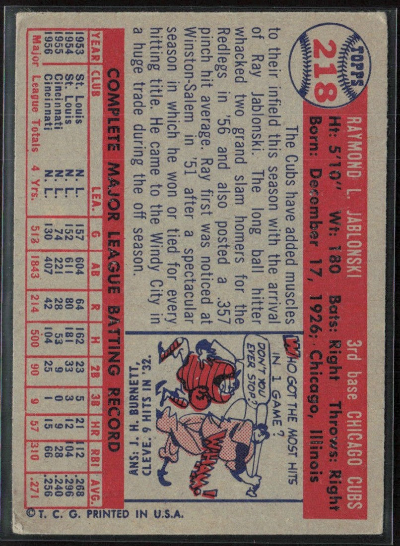 Ray Jablonski 1957 Topps #218 Chicago Cubs