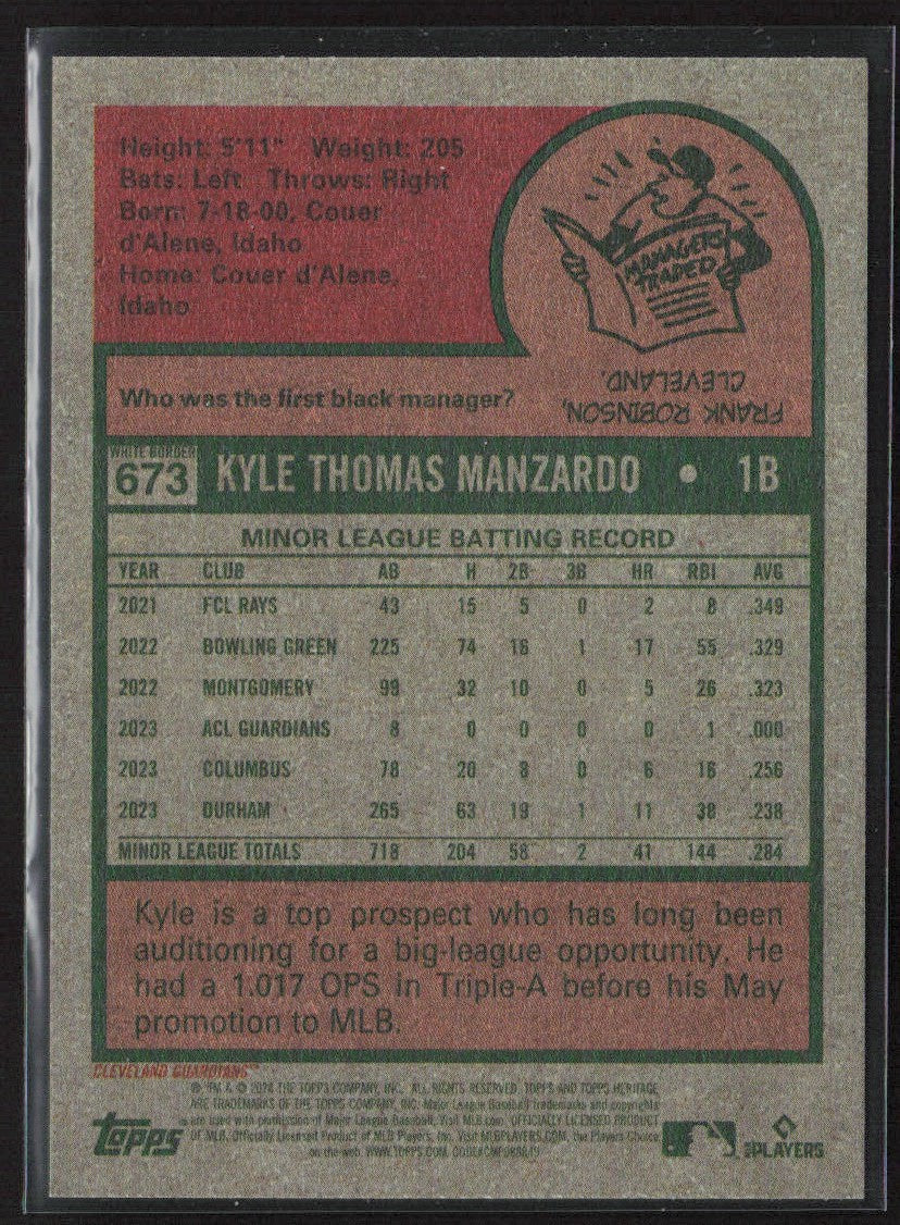 Kyle Manzardo 2024 Topps Heritage Green Border RC #673 Cleveland Guardians