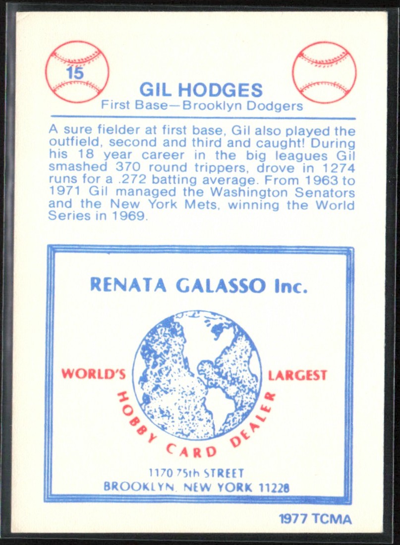 Gil Hodges 1977 Galasso TCMA #15 Brooklyn Dodgers