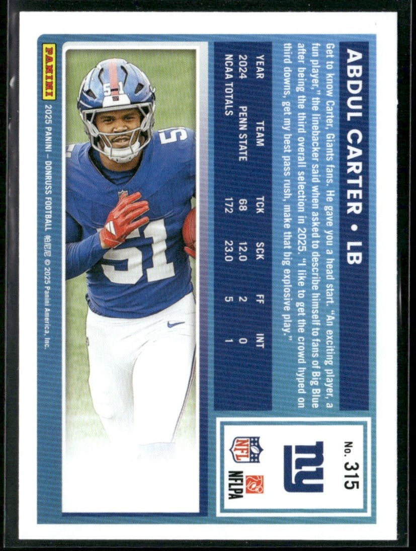 Abdul Carter 2025 Panini Donruss RC #315 New York Giants