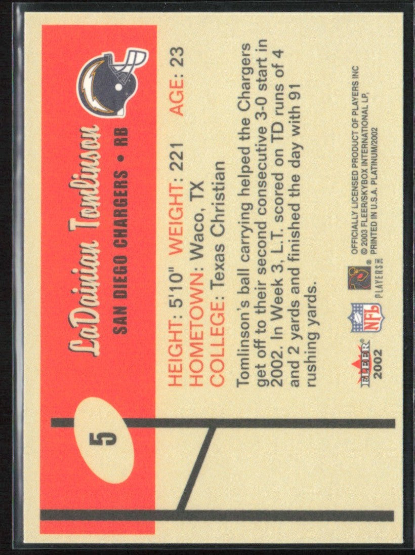 LaDainian Tomlinson 2002 Fleer Platinum #5 San Diego Chargers