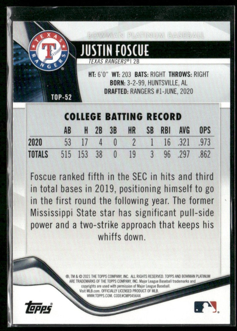 Justin Foscue 2021 Bowman Platinum Foilboard /299 #TOP-52 Texas Rangers