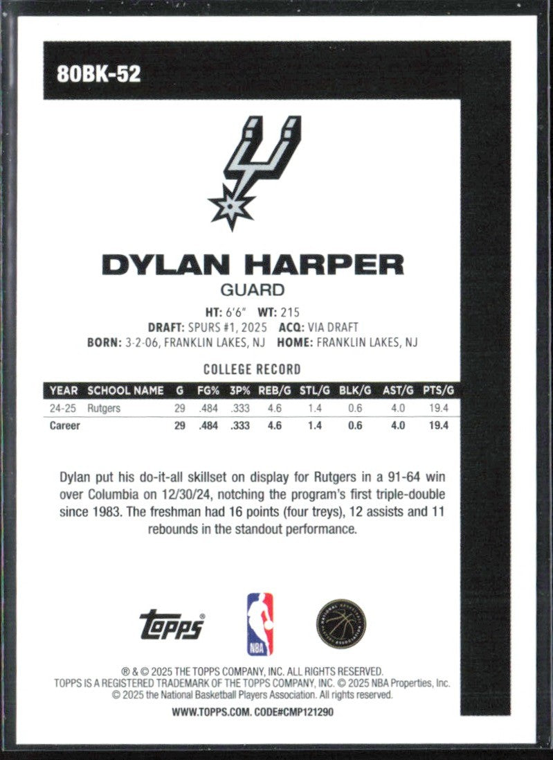 Dylan Harper 2025 Topps 1980 Design RC #80BK-52 San Antonio Spurs