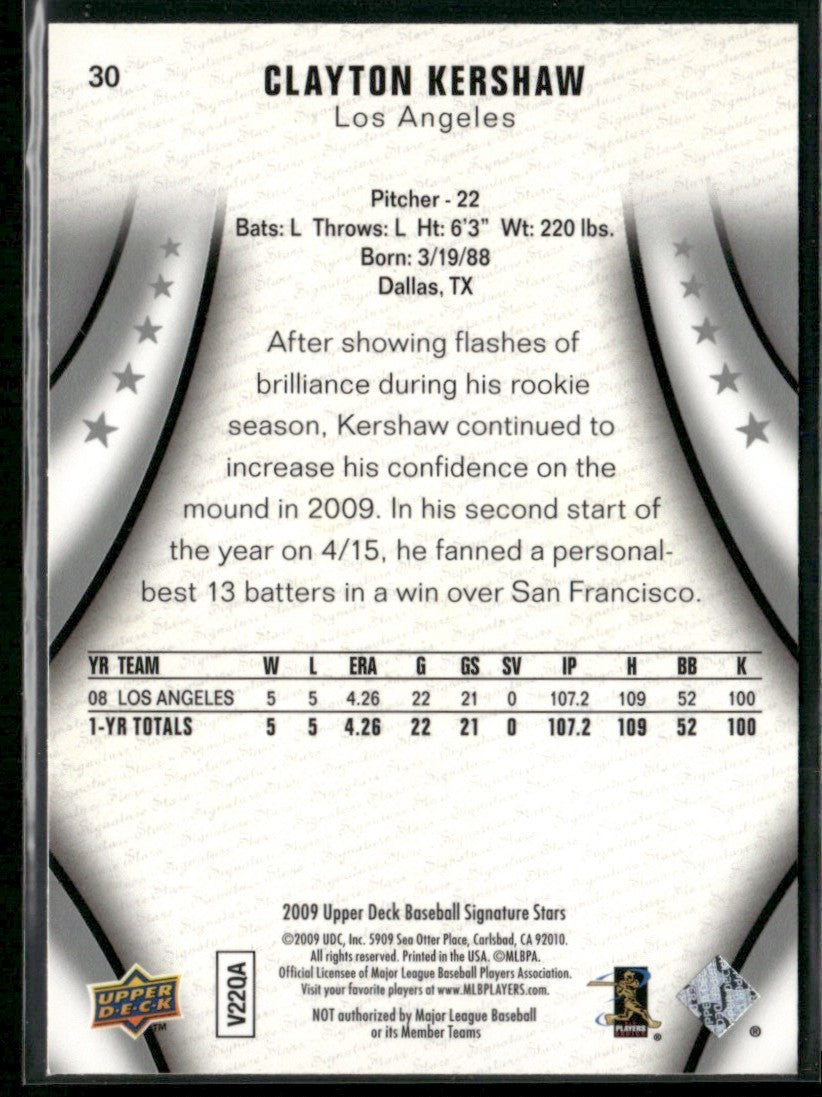 Clayton Kershaw 2009 Upper Deck Signature Stars #30 Los Angeles Dodgers
