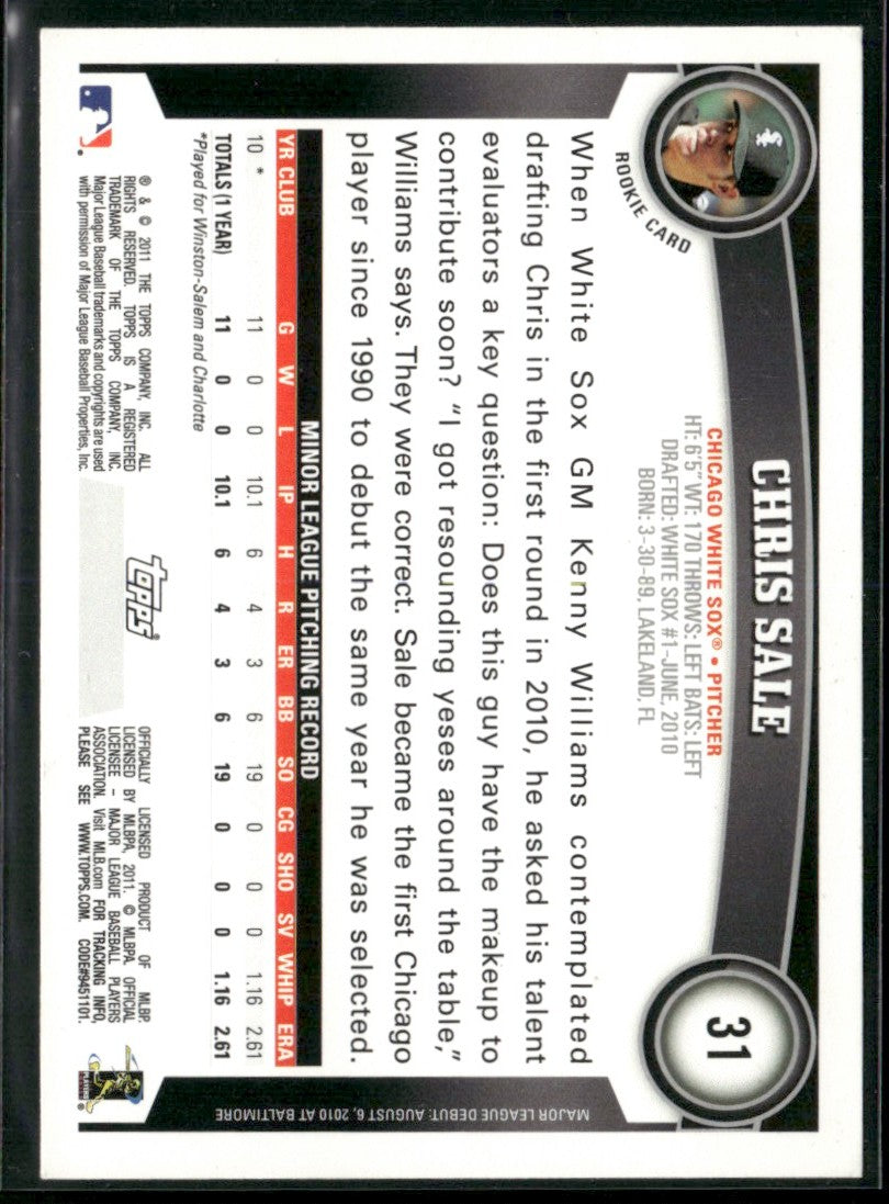 Chris Sale 2011 Topps Opening Day RC #31 Chicago White Sox