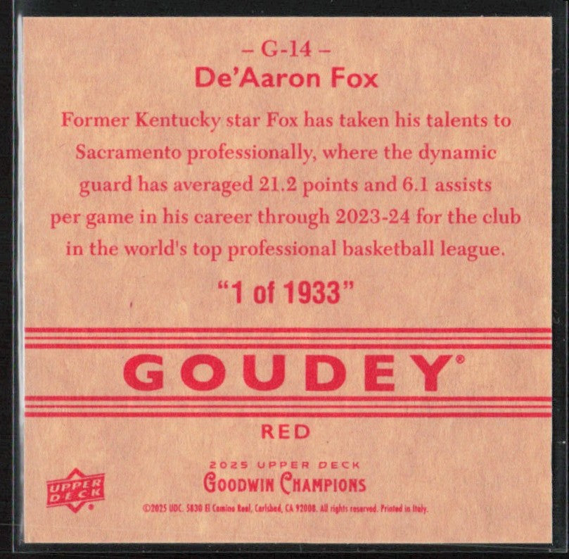 De'Aaron Fox 2025 Upper Deck Goudey Red Mini #G-14