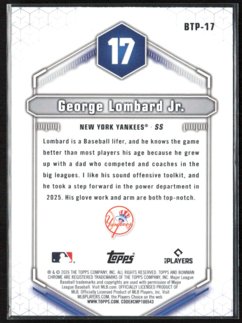 George Lombard 2026 Bowman Chrome Top 100 #BTP-17 New York Yankees