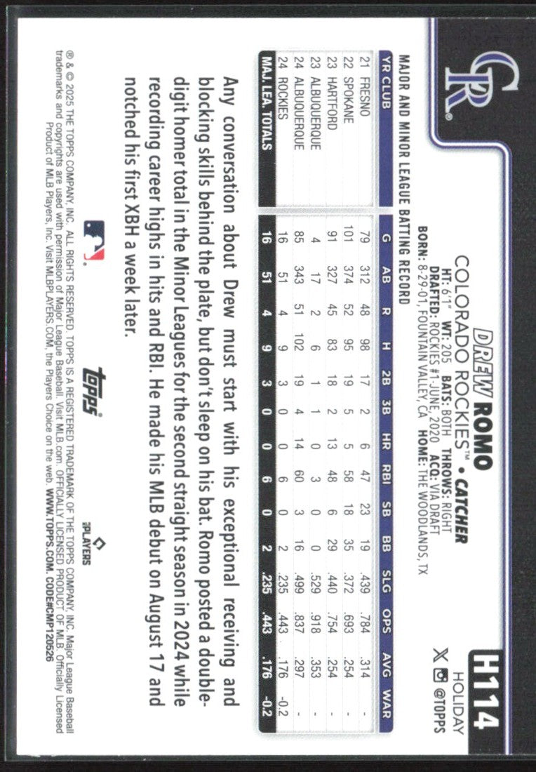 Drew Romo 2025 Topps Holiday Blue Holiday Lights RC #H114 Colorado Rockies
