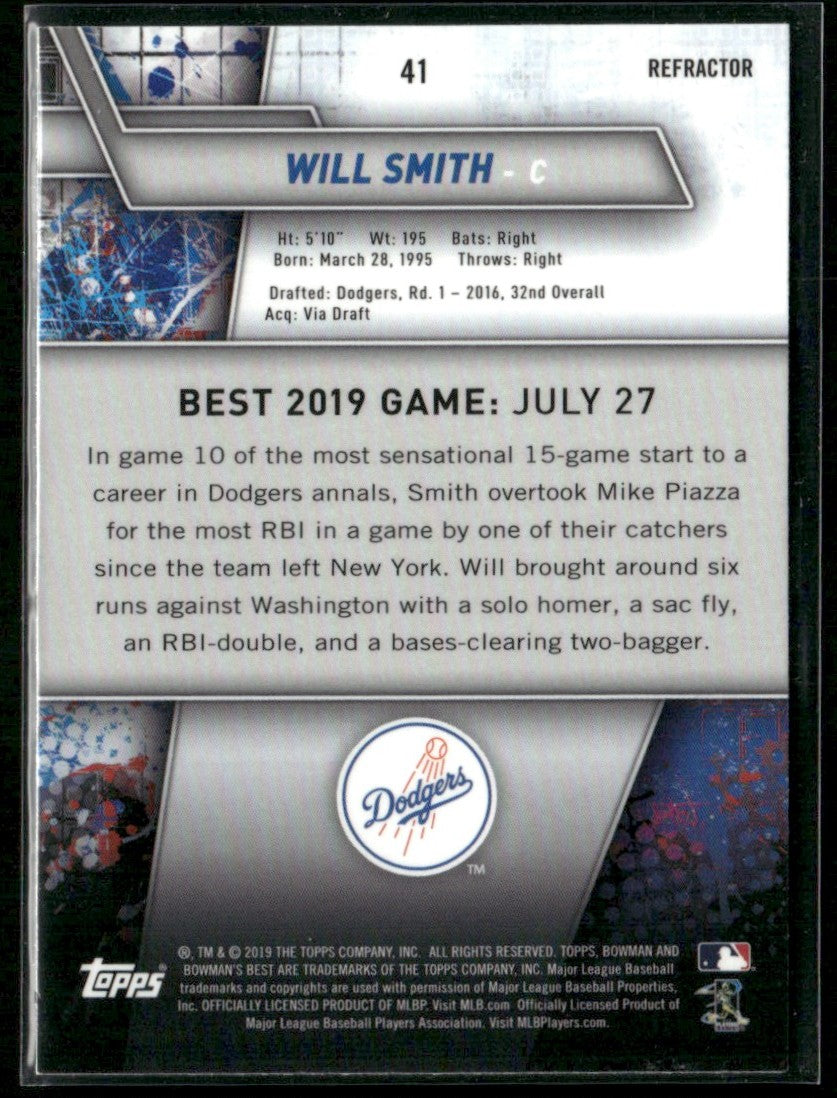 Will Smith 2019 Bowman's Best Refractor RC #41 Los Angeles Dodgers