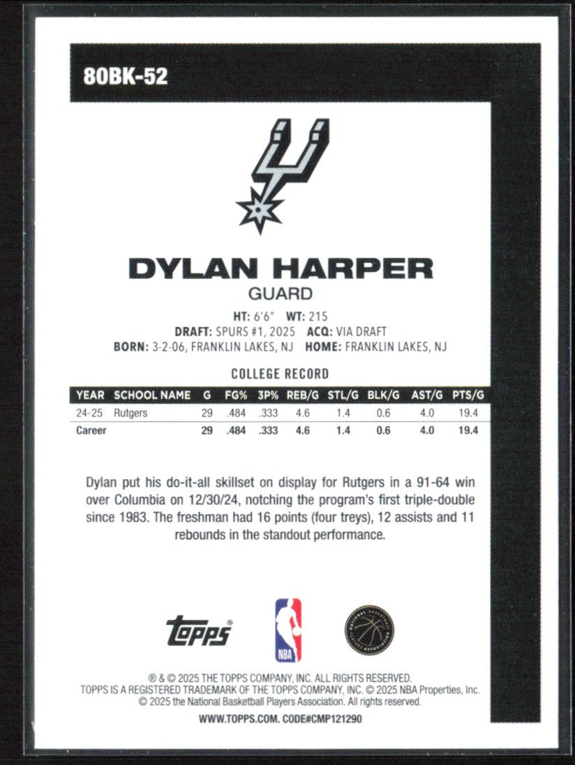 Dylan Harper 2025 Topps 1980 RC #80BK-52 San Antonio Spurs