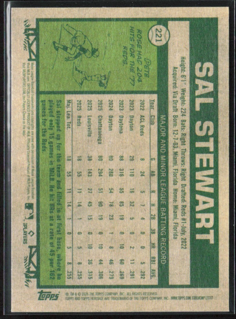Sal Stewart 2026 Topps Heritage RC #221 Cincinnati Reds
