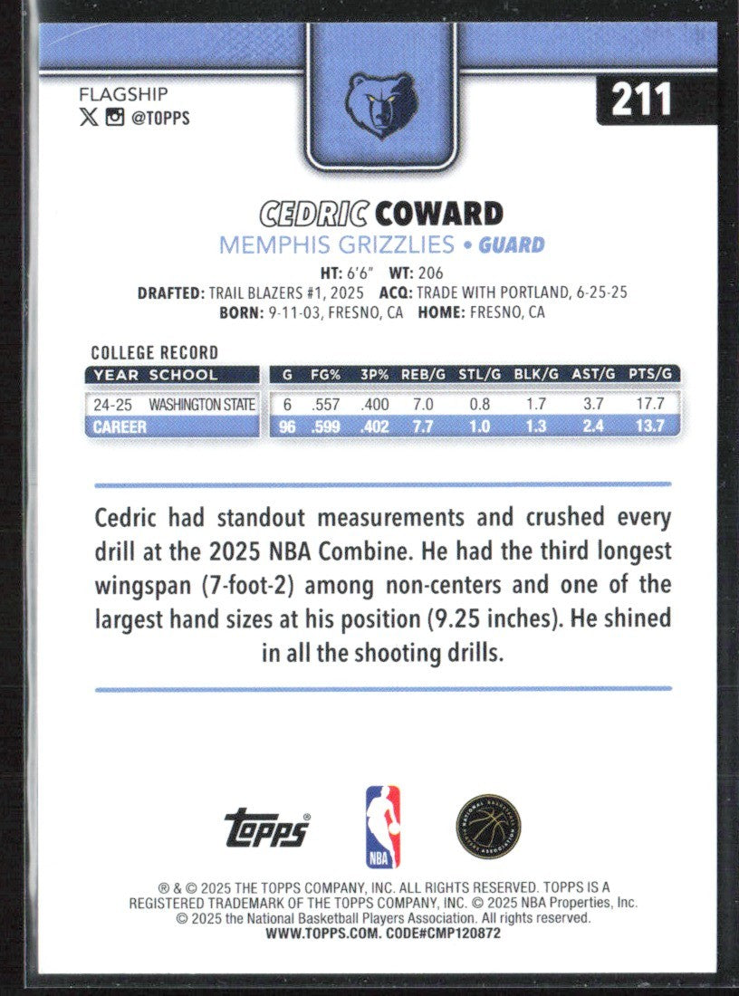 Cedric Coward 2025 Topps RC #211 Memphis Grizzlies