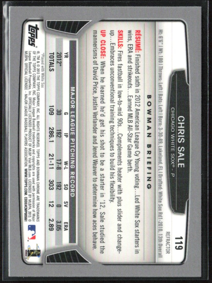 Chris Sale 2013 Bowman Chrome Refractor #119 Chicago White Sox
