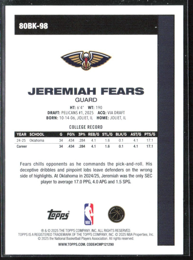 Jeremiah Fears 2025 Topps 1980 Design RC #80BK-98 New Orleans Pelicans
