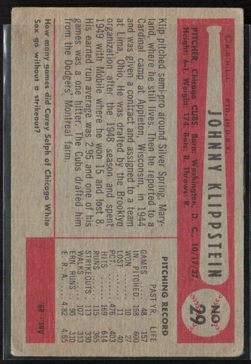 Johnny Klippstein 1954 Bowman #29 Chicago Cubs