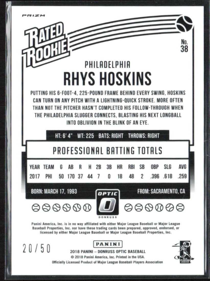 Rhys Hoskins 2018 Donruss Optic Carolina Blue Variation RC /50 #38