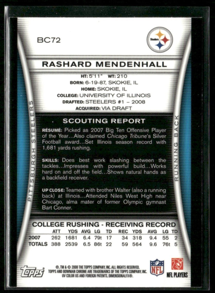 Rashard Mendenhall 2008 Bowman Chrome RC #BC72 Pittsburgh Steelers
