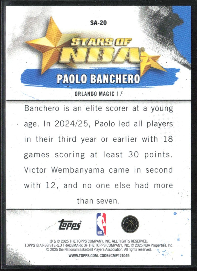 Paolo Banchero 2025 Topps Stars of the NBA #SA-20 Orlando Magic