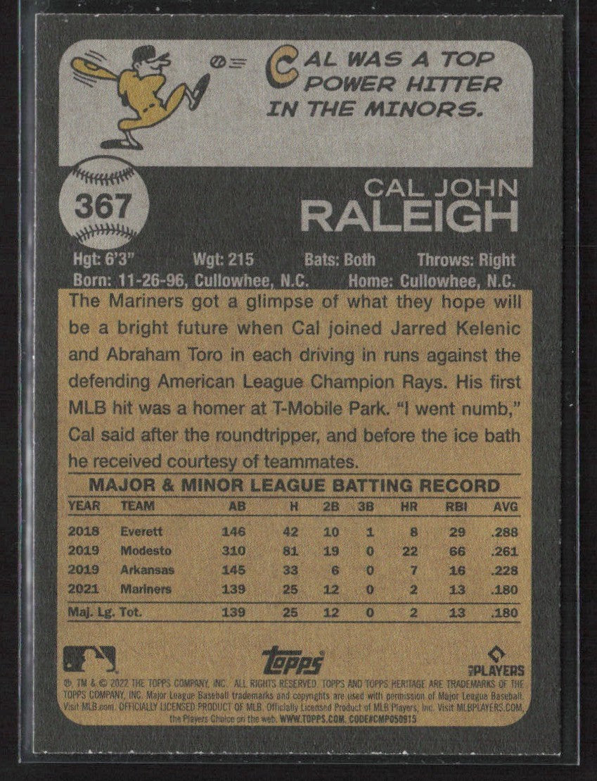 Cal Raleigh 2022 Topps Heritage RC #367 Seattle Mariners