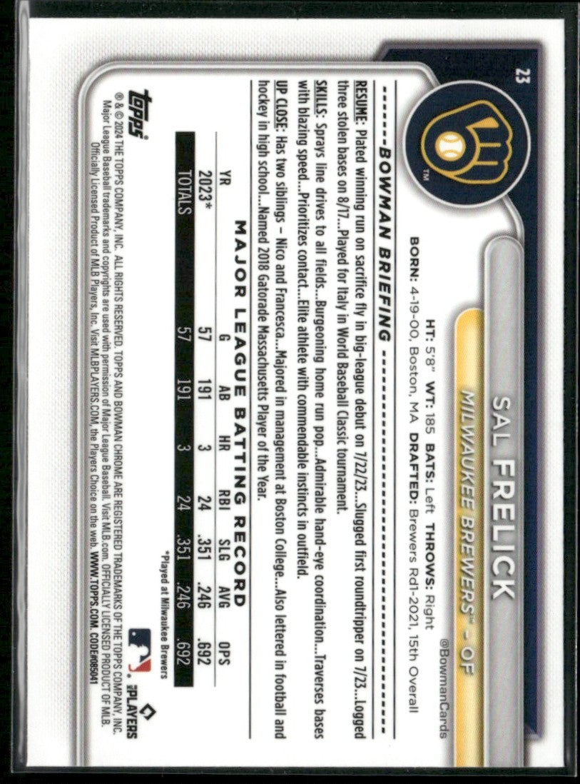 Sal Frelick 2024 Bowman Chrome RC #23 Milwaukee Brewers