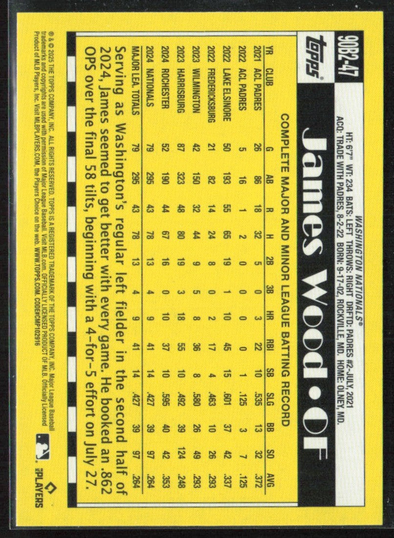 James Wood 2025 Topps 1990 Design RC #90B2-47 Washington Nationals