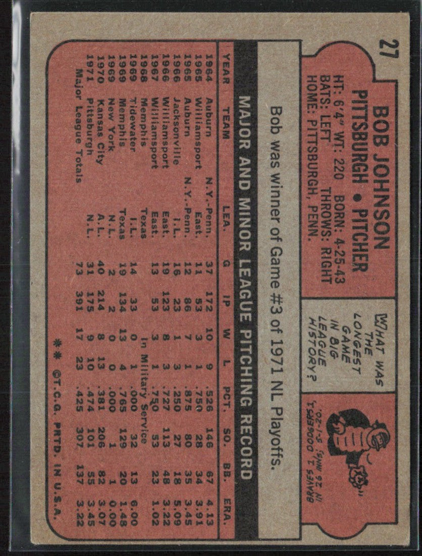 Bob Johnson 1972 Topps #27 Pittsburgh Pirates