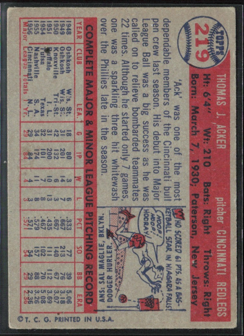 Tom Acker 1957 Topps RC #219 Cincinnati Reds