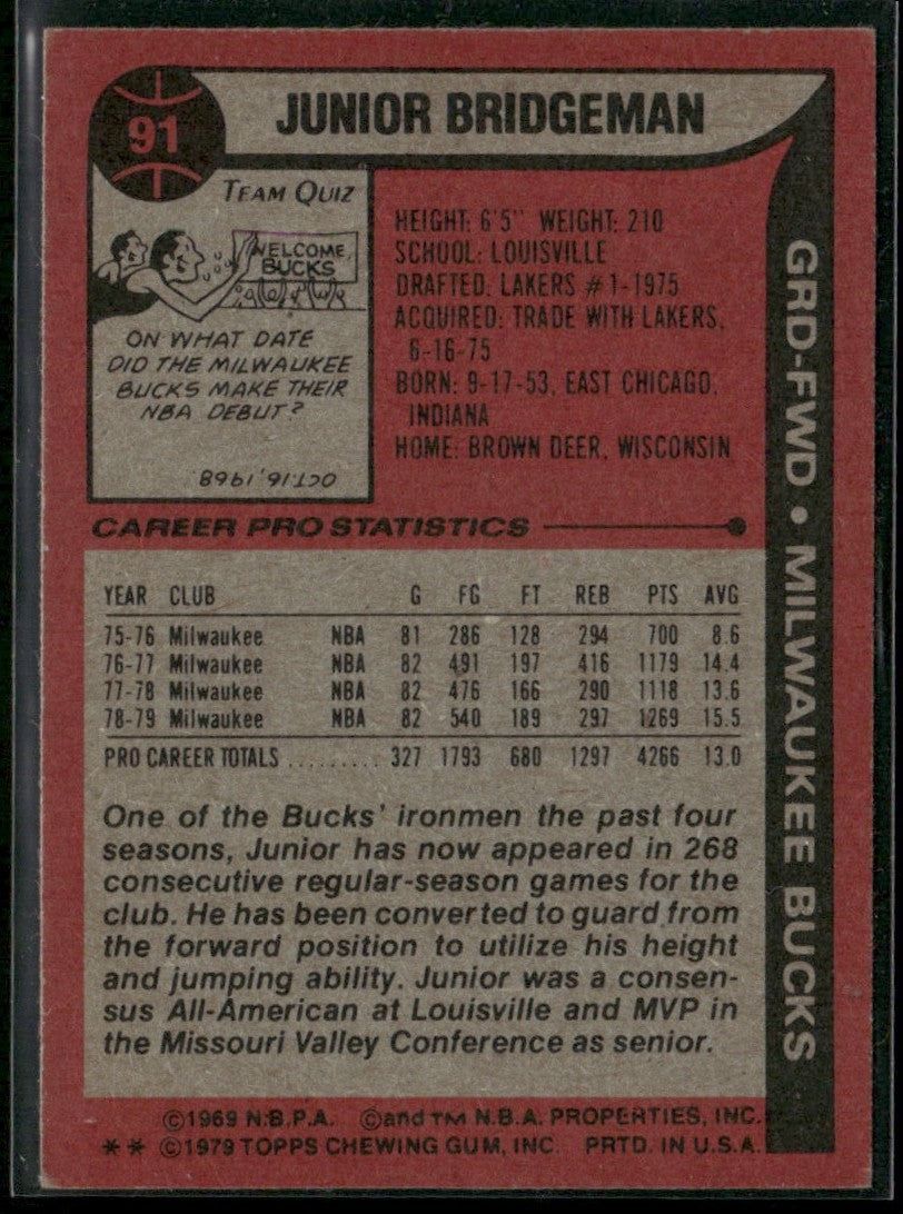 Junior Bridgeman 1979 Topps #91 Milwaukee Bucks