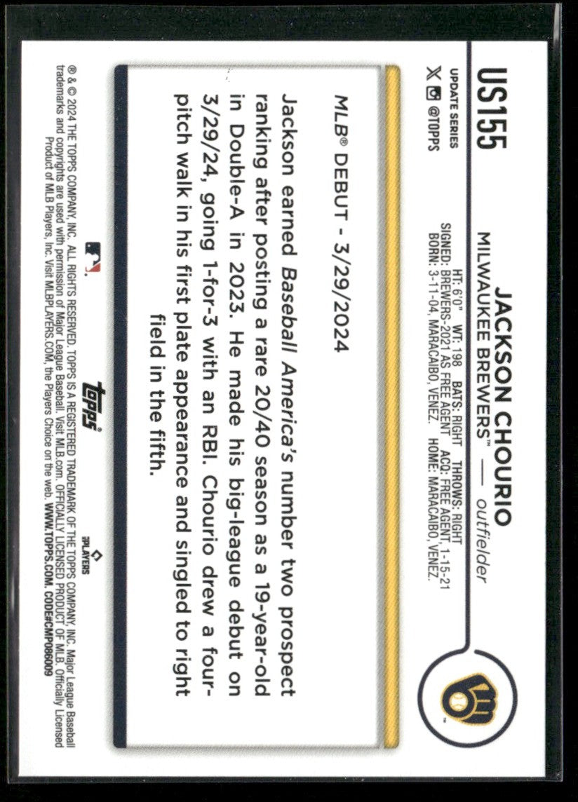 Jackson Chourio 2024 Topps Update RC #US155 Milwaukee Brewers