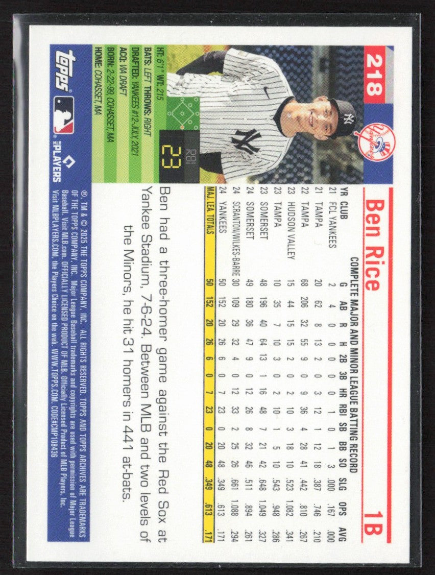 Ben Rice 2025 Topps Archives 2005 Topps RC #218 New York Yankees