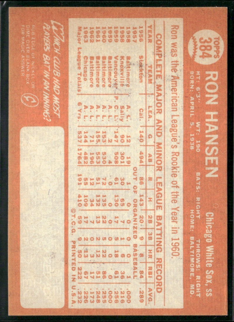 Ron Hansen 1964 Topps #384 Chicago White Sox