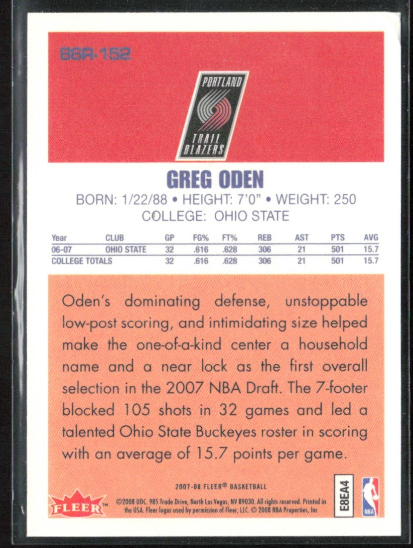 Greg Oden 2007 Fleer Retro RC #86R-152 Portland Trail Blazers