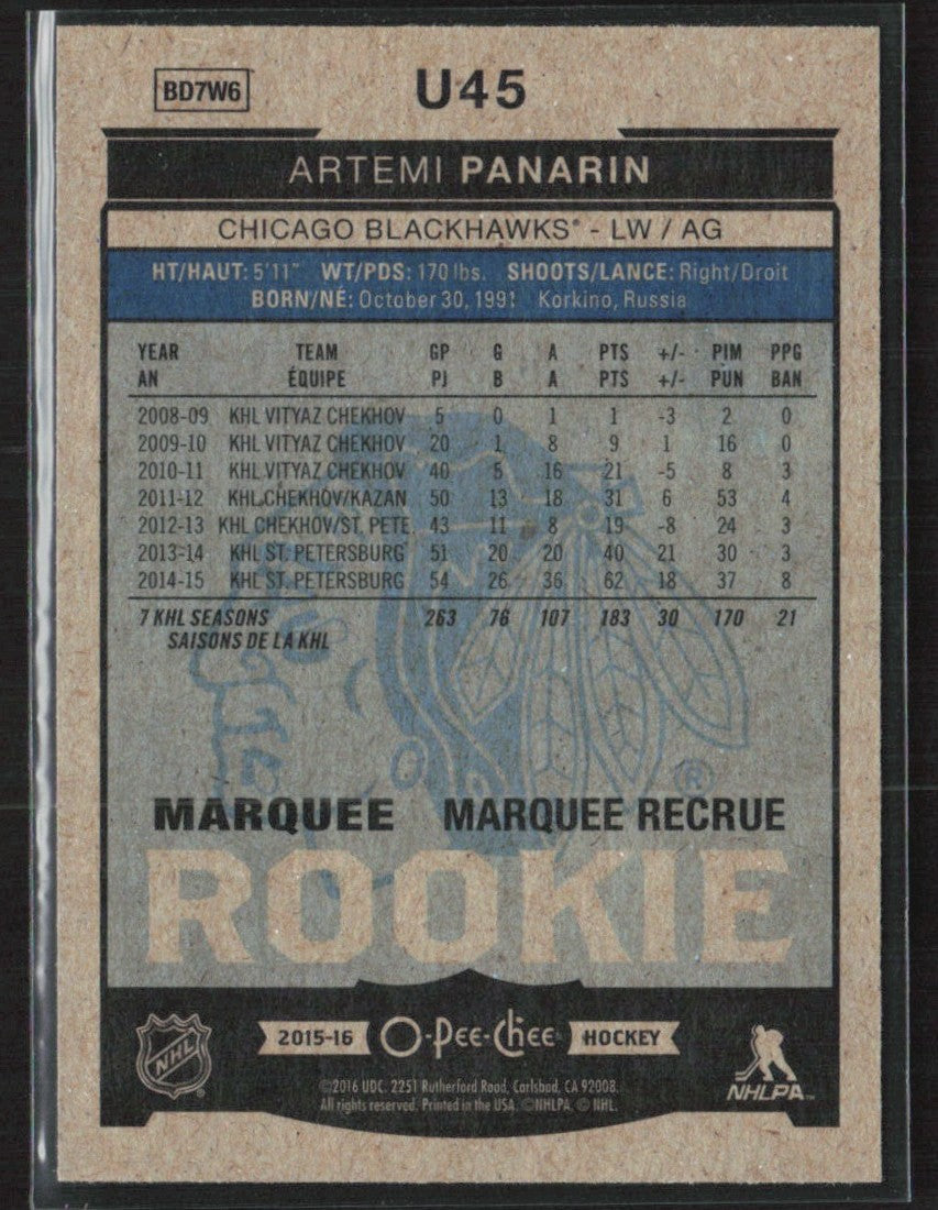 Artemi Panarin 2015 Upper Deck O-Pee-Chee Update RC #U45 Chicago Blackhawks