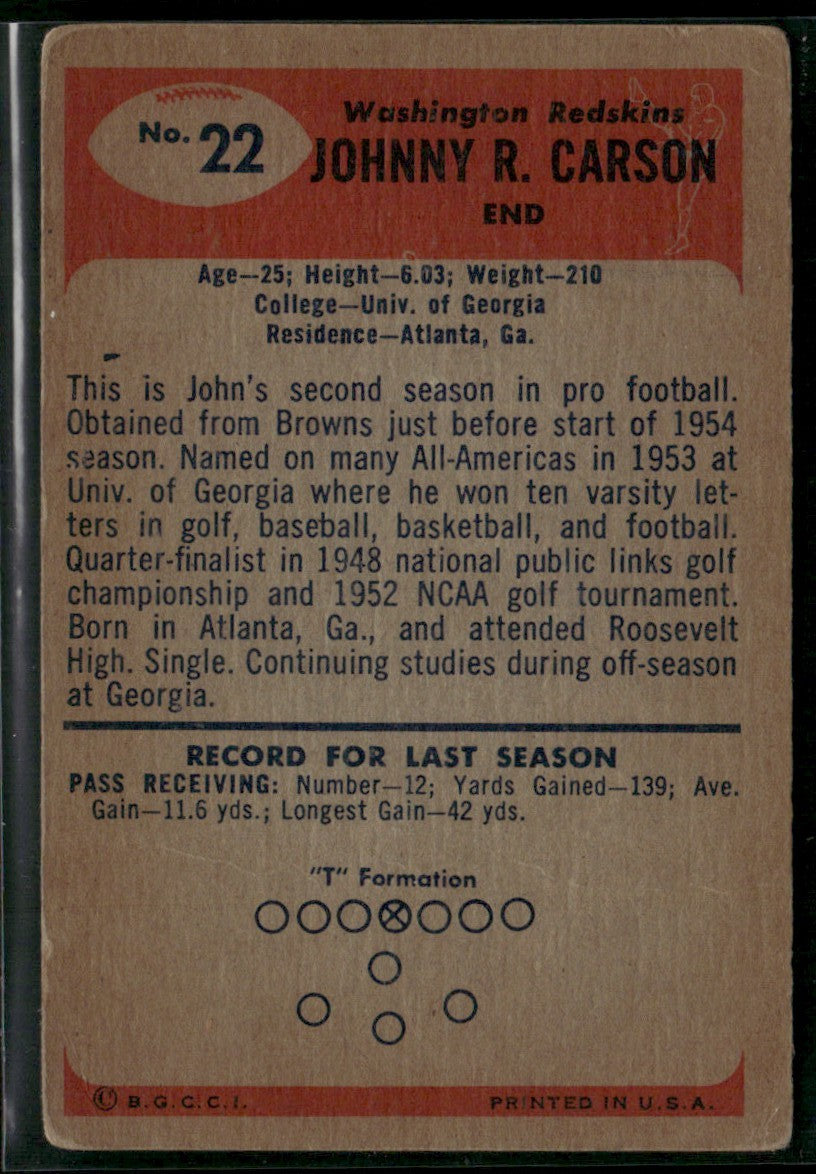 John Carson 1955 Bowman #22 Washington Redskins