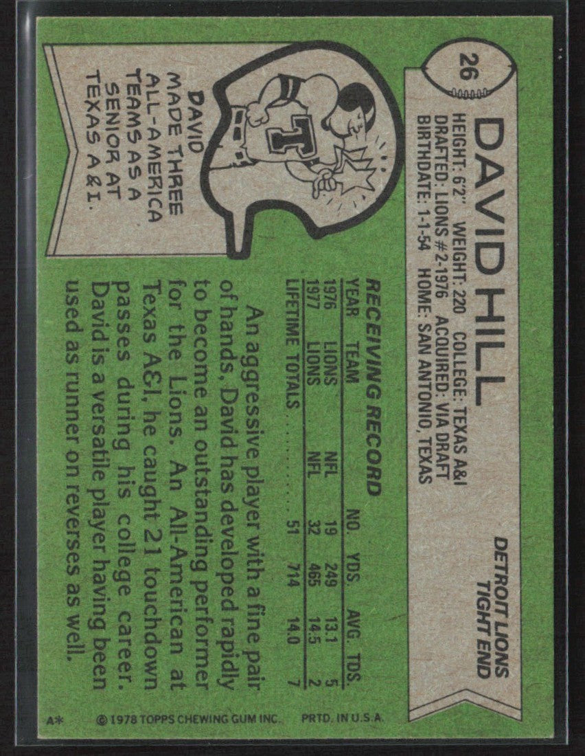 David Hill 1978 Topps #26 Detroit Lions