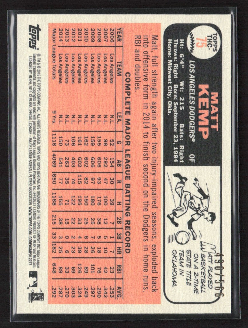 Matt Kemp 2015 Topps Heritage Chrome Refractor /566 #THC-75 Los Angeles Dodgers