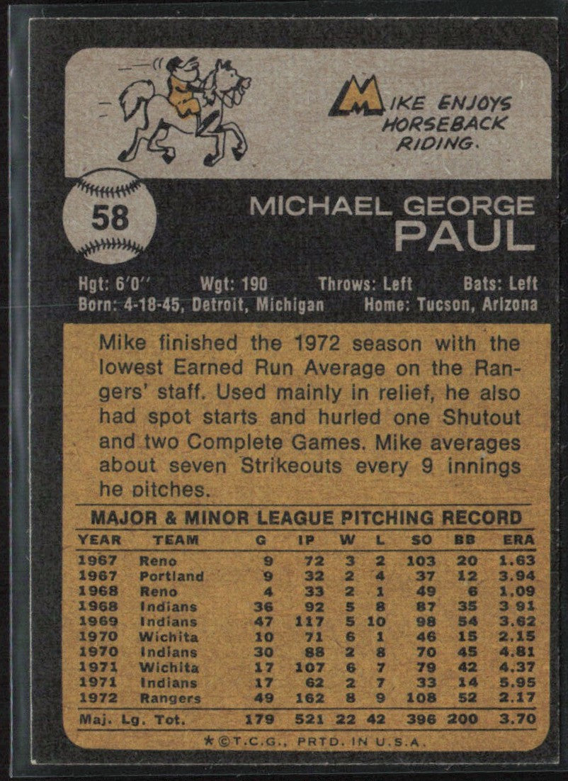 Mike Paul 1973 Topps #58 Texas Rangers