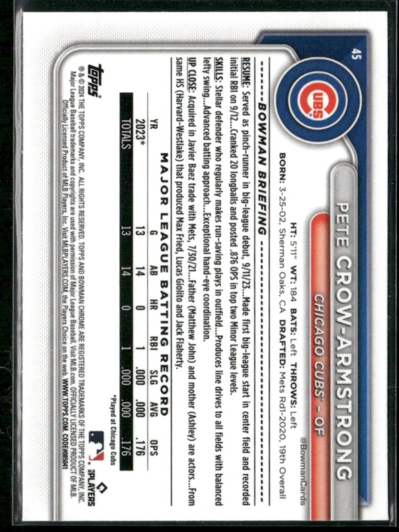 Pete Crow-Armstrong 2024 Bowman Chrome RC #45 Chicago Cubs