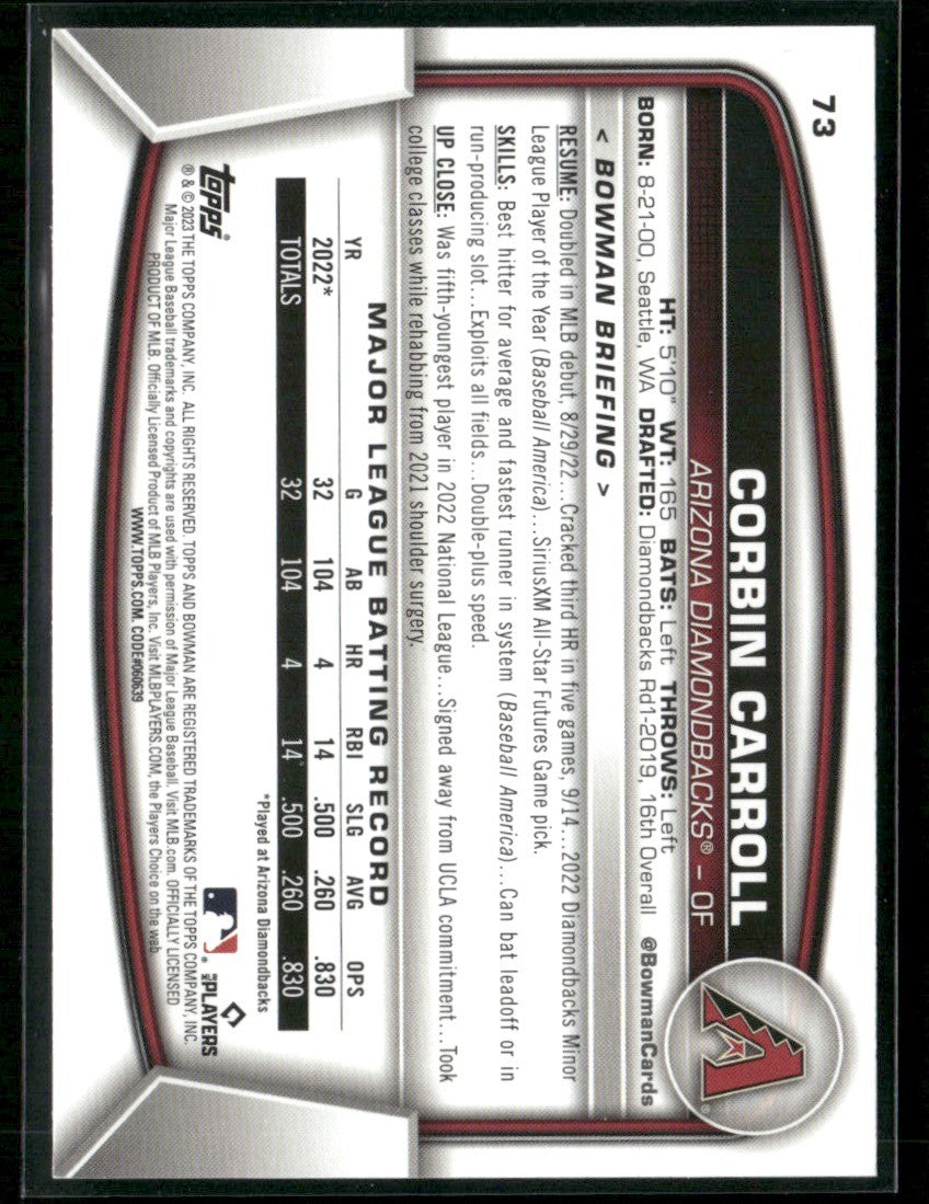 Corbin Carroll 2023 Bowman RC #73 Arizona Diamondbacks