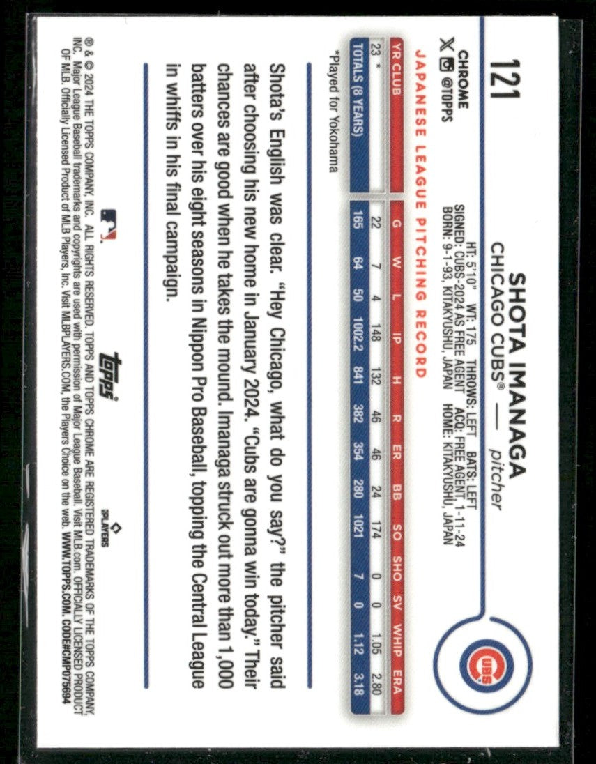 Shota Imanaga 2024 Topps Chrome RC #121 Chicago Cubs