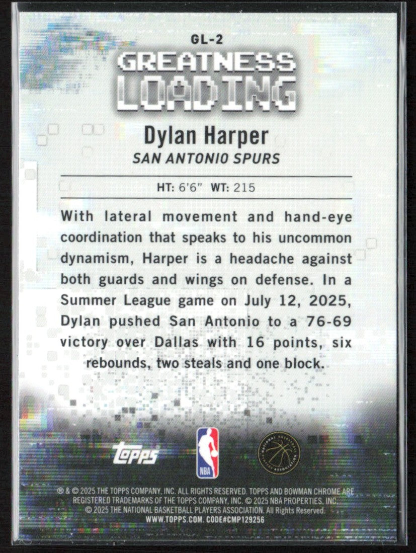 Dylan Harper 2025 Bowman Chrome Greatness Loading RC #GL-2 San Antonio Spurs