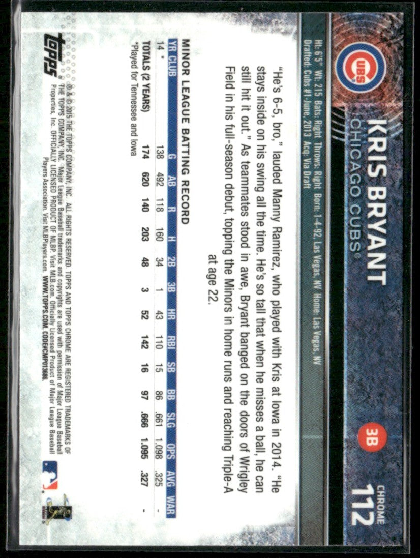 Kris Bryant 2015 Topps Chrome RC #112 Chicago Cubs