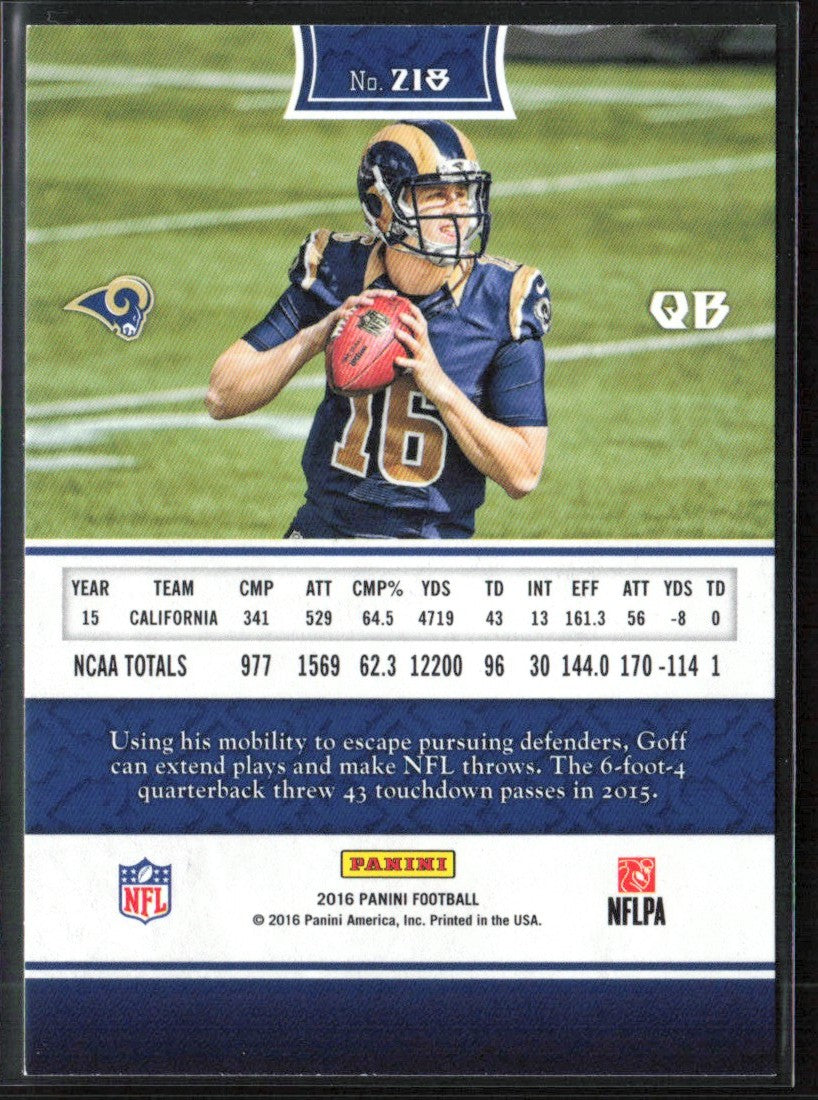 Jared Goff 2016 Panini RC #218 Los Angeles Rams