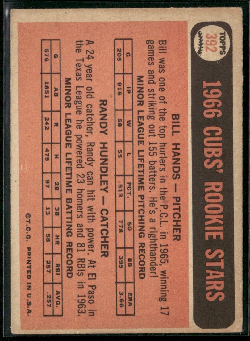 Cubs Rookie Stars - Bill Hands/Randy Hundley 1966 Topps RC #392 Chicago Cubs