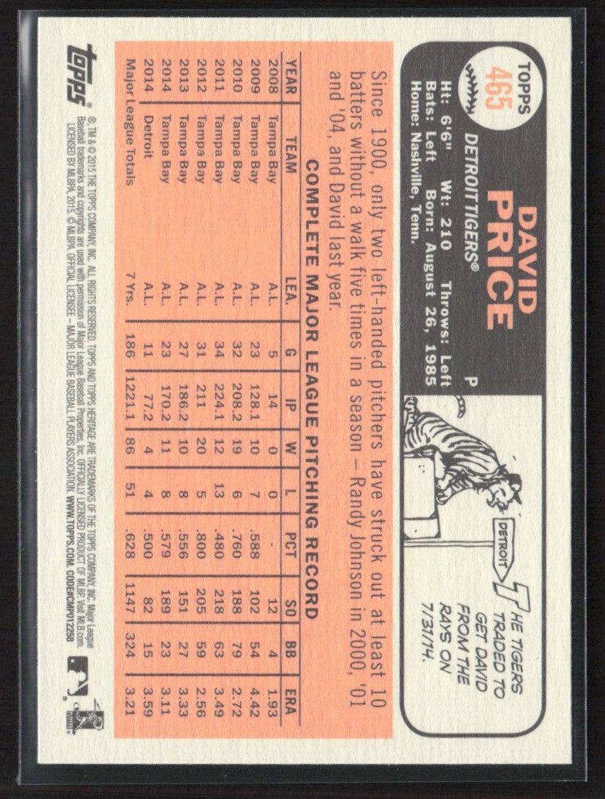 David Price 2015 Topps Heritage SP #465 Detroit Tigers