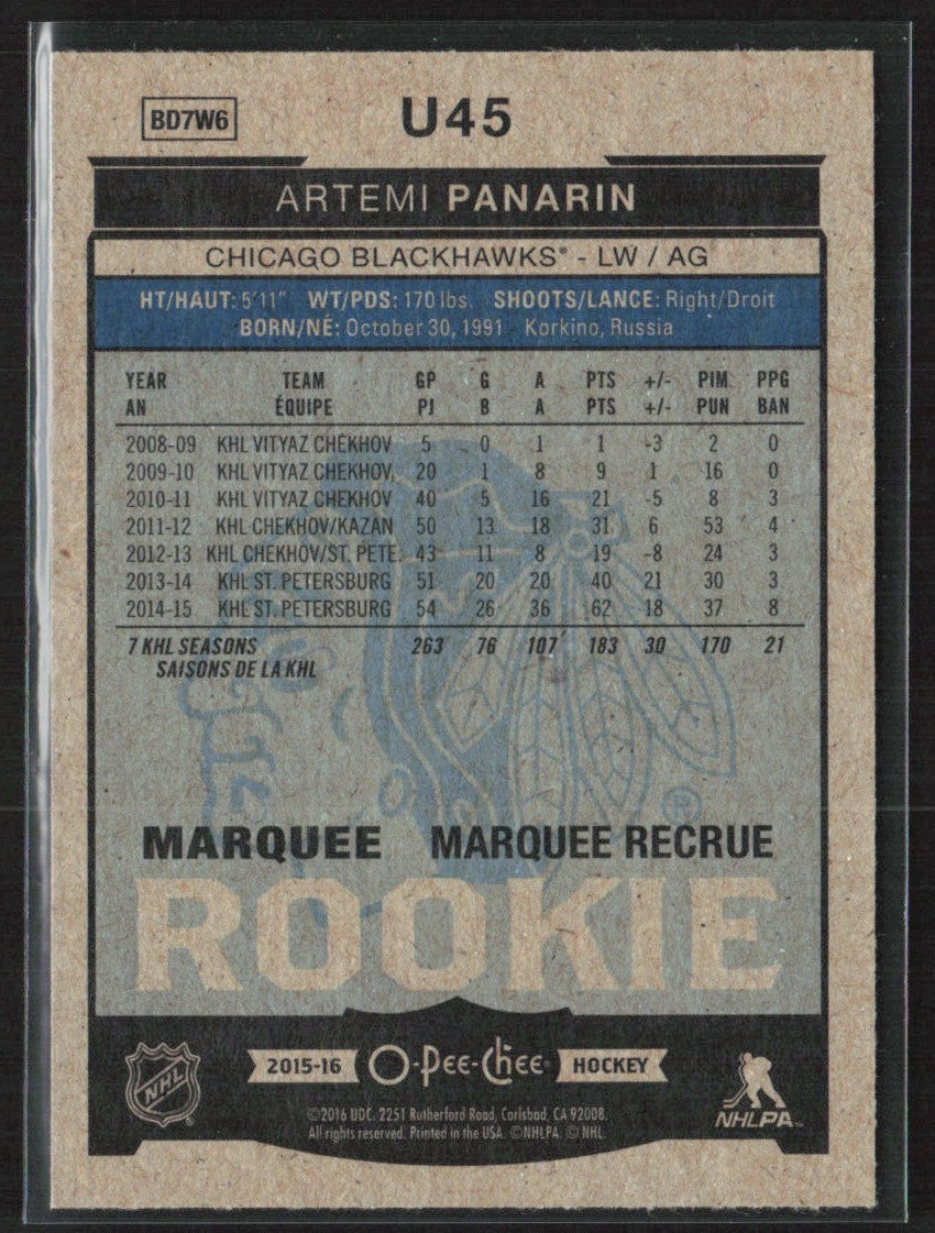 Artemi Panarin 2015 Upper Deck O-Pee-Chee Update RC #U45 Chicago Blackhawks