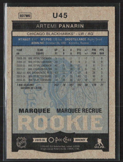 Artemi Panarin 2015 Upper Deck O-Pee-Chee Update RC #U45 Chicago Blackhawks
