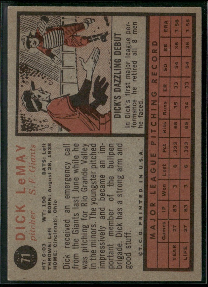 Dick LeMay 1962 Topps RC #71 San Francisco Giants