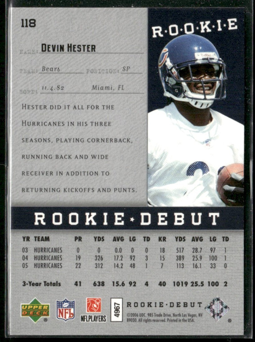 Devin Hester 2006 Upper Deck Rookie Debut RC #118 Chicago Bears